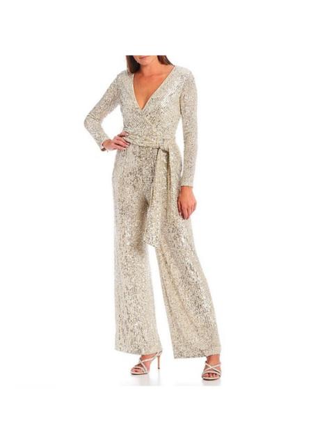 Other Designers NWT Eliza J Sequin V-Neck Long Sleeve Straight Leg Wrap Jumpsuit Sz 4 $198‎