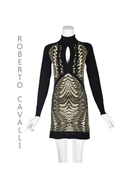 Roberto Cavalli Black & Olive Green Snakeskin Print Turtleneck Mini Dress 