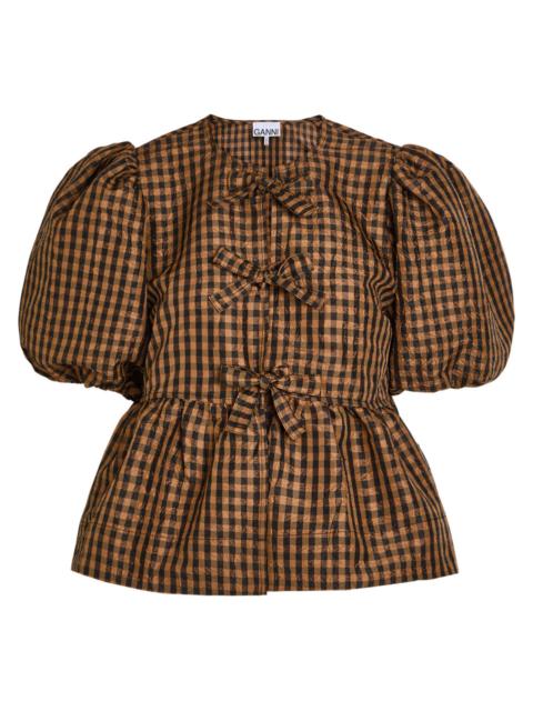GANNI Ganni Crinkled Checked Taffeta Blouse