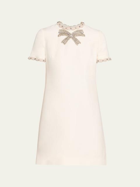 Valentino Puff-Trim Crystal Bow Mini Dress