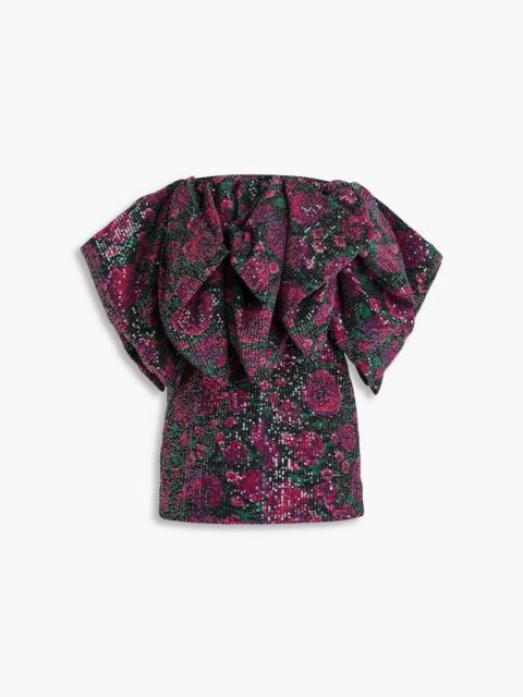 ROTATE Floral-print sequined tulle strapless mini dress