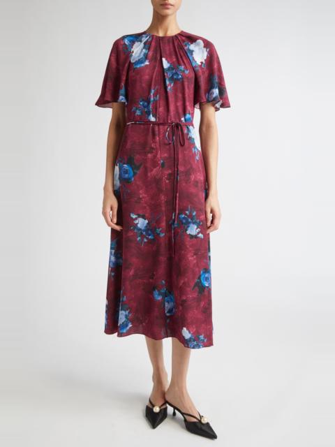 Erdem Erdem Abstract Rose Print Short Sleeve Satin Midi Dress in Abstract Rose Mulberry Red at Nordstrom