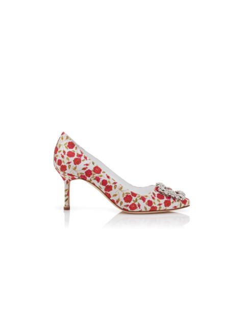 Manolo Blahnik White and Red Satin Jewel Buckle Pumps