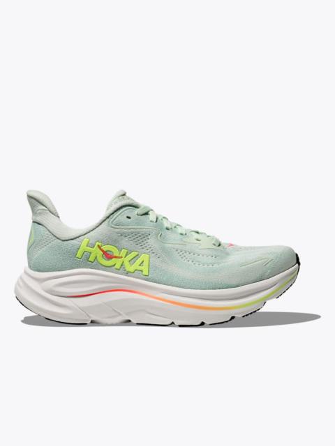 HOKA Women's Clifton 10 Shoes in Sea Glass/Neon Flame