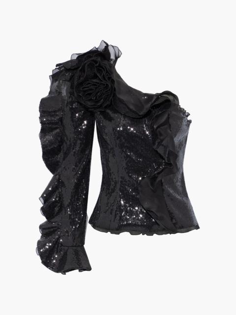 Other Designers One-shoulder ruffled sequined tulle top