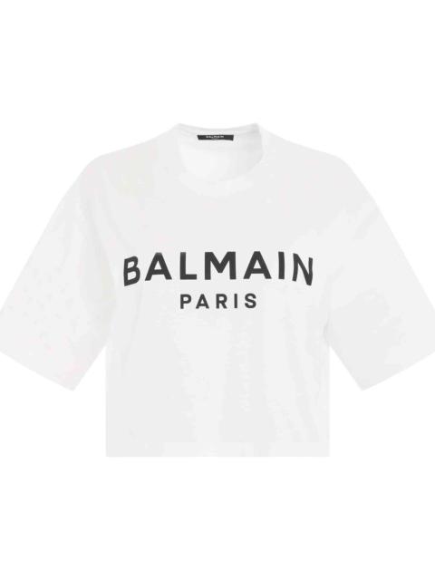 Balmain Logo Print Cropped T-Shirt in White/Black