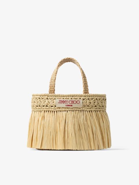 JIMMY CHOO Beach Tote East-West Mini
Natural and Light Gold Woven Raffia Mini Beach Tote Bag with Fringes