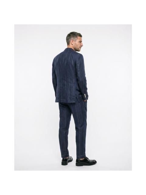 Brunello Cucinelli Brunello Cucinelli Navy Linen Striped Three-Button Suit