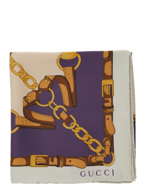 GUCCI Gucci Women Blue Square Scarf With Chain Print And Logo Lettering In Silk Woman