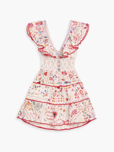 CAMILLA Cutout crystal-embellished printed linen mini dress