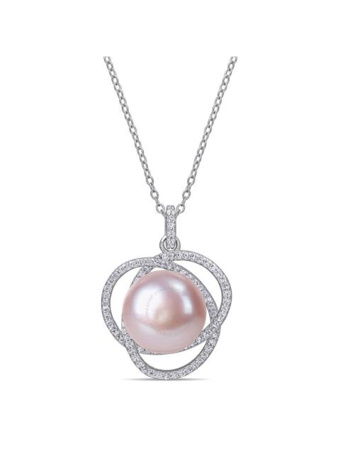Other Designers AMOUR 12 - 12.5 Mm Pink Cultured Freshwater Pearl and 1 CT TGW Cubic Zirconia Interlaced Halo Neckla