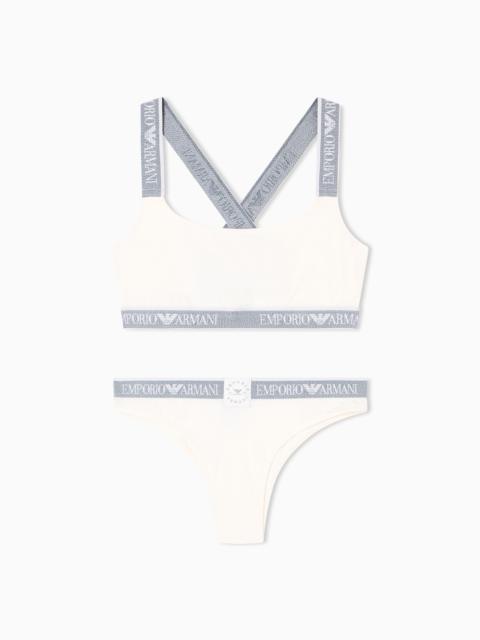 EMPORIO ARMANI ASV ICONIC ORGANIC-COTTON BRALETTE AND BRAZILIAN BRIEFS SET WITH LOGO BAND