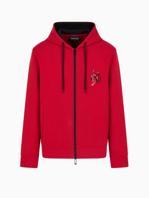 EMPORIO ARMANI DOUBLE-JERSEY HOODED ZIP SWEATSHIRT WITH LUNAR NEW YEAR EMBROIDERY