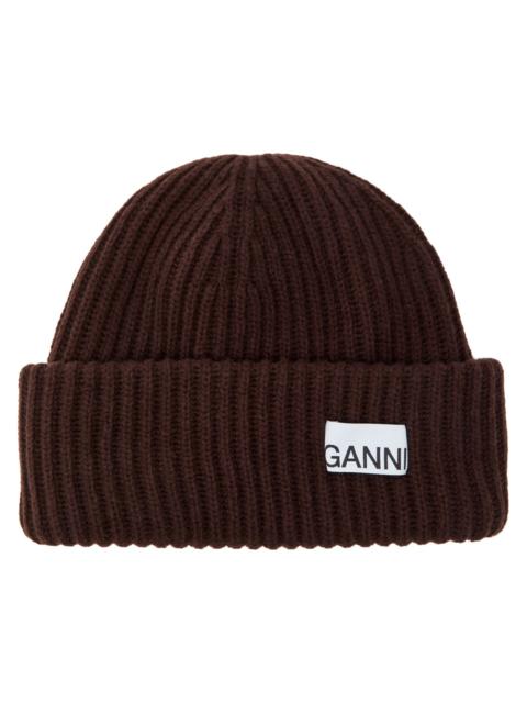 GANNI Ganni Logo-appliquéd Ribbed Wool-blend Beanie