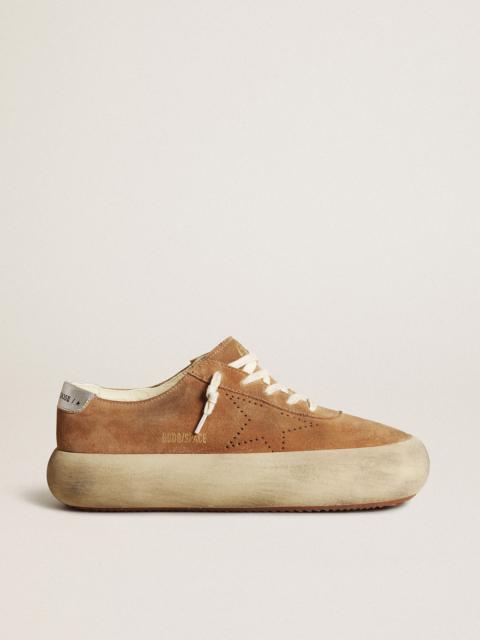 Golden Goose Women's Space-Star shoes in tobacco-colored suede with perforated star and silver metallic leather h