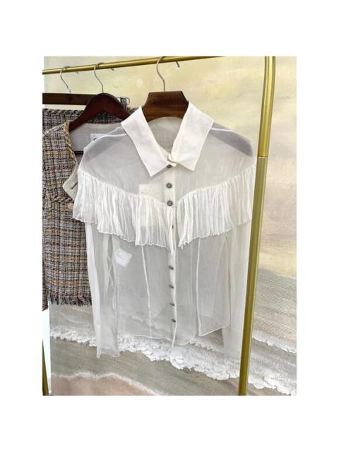 CHANEL Chanel Vintage-Inspired Sheer White Blouse With Ruffled Yoke & Decorative Button