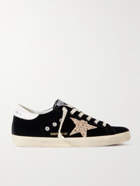 Golden Goose Super-star Eyelet-embellished Distressed Glittered Leather And Velvet Sneakers
