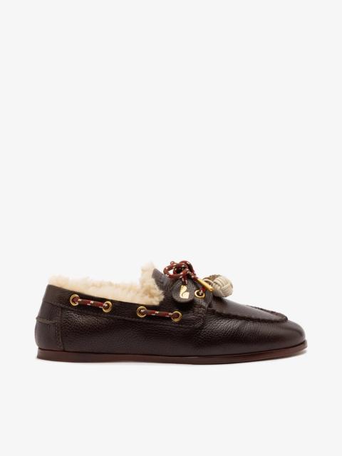 Larroudé Cyprus Boat Shoe In Brown Leather And Ivory Shearling