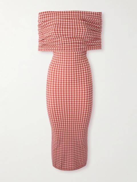 Alaïa Off-the-shoulder Checked Stretch-knit Midi Dress