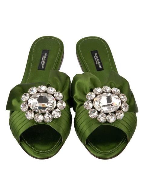 Dolce & Gabbana Crystal Bow Brooch Silk Sandals Loafer Shoes BIANCA Green 12778
