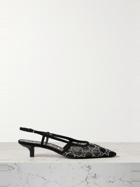 Leather-trimmed crystal-embellished faille slingback pumps