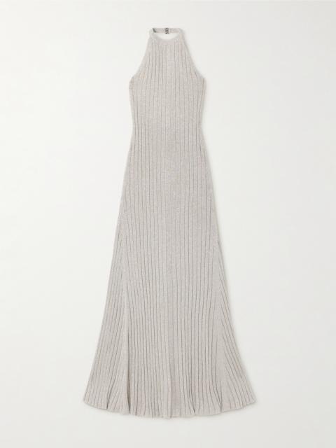 TOM FORD Metallic Ribbed-knit Halterneck Maxi Dress