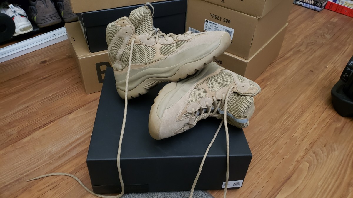 yeezy desert boot taupe on feet