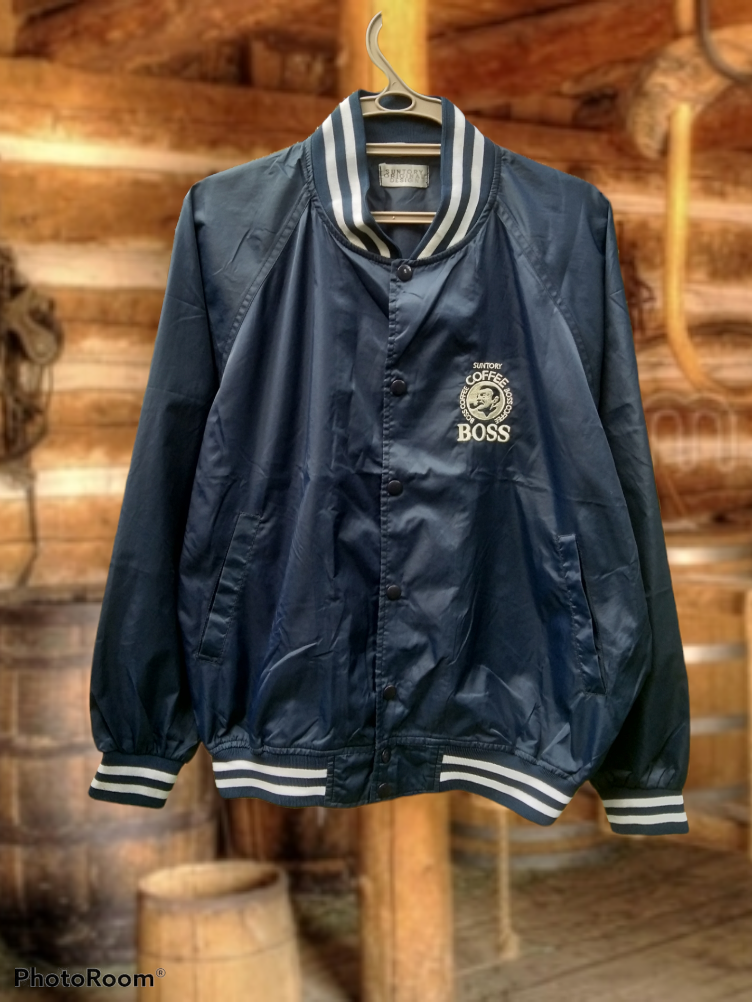 Other Designers Vintage SUNTORY BOSS COFFEE LIGHTLAYERS VARSITY JACKET designercloset REVERSIBLE