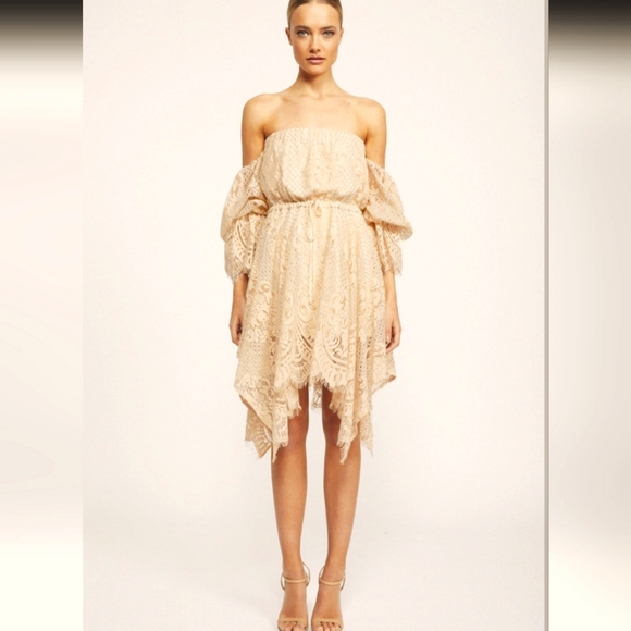 Shona Joy Revolve Handkerchief Lace Off-shoulder Dress NWOT US2