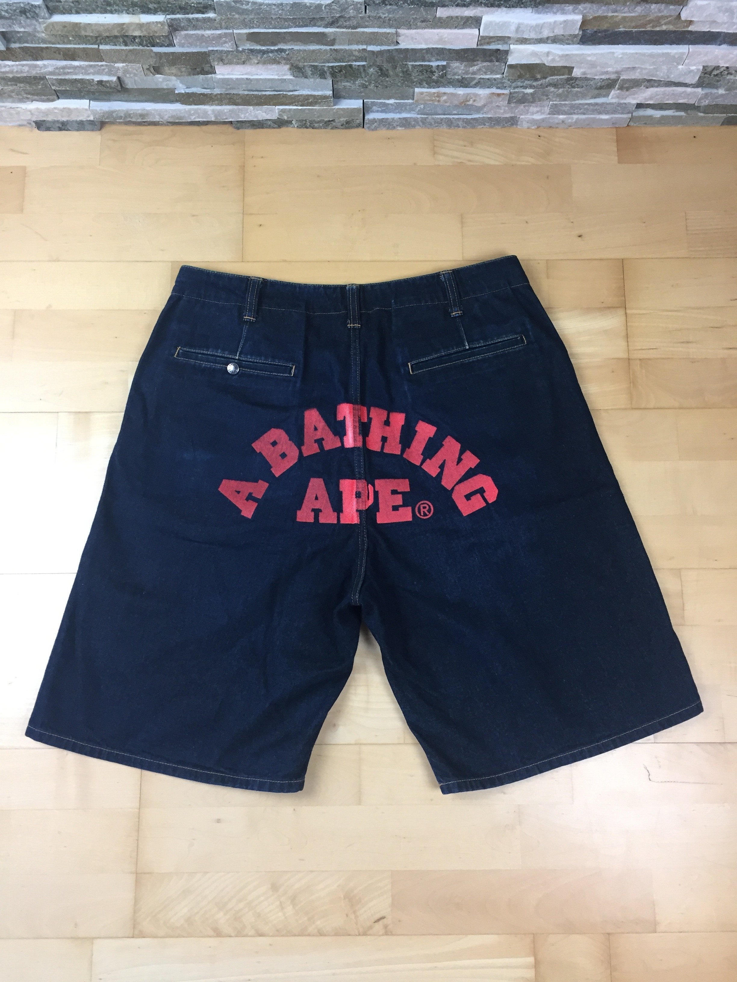 A BATHING APE Bape Back Print Denim Shorts froxento REVERSIBLE