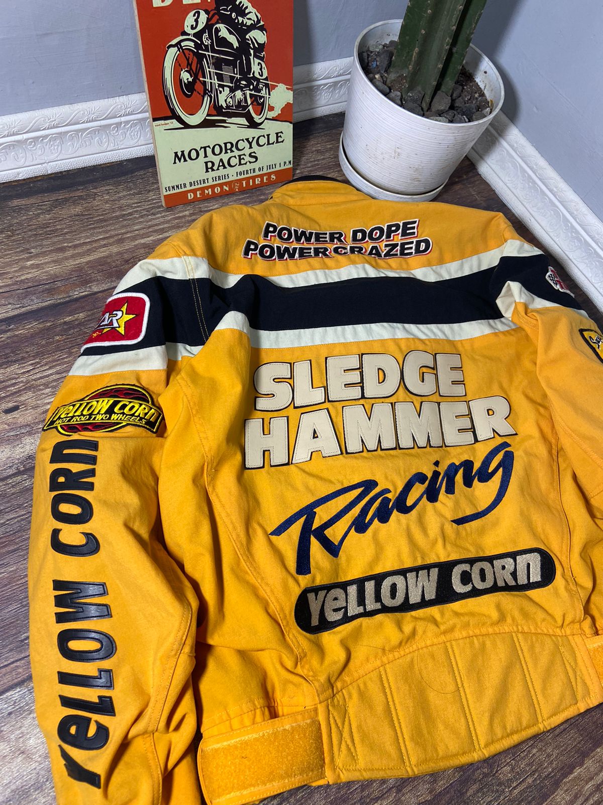 YELLOW CORN ライダースジャケット　SLEDGE HAMMER Vintage 90s Yellow Corn NHRA Bikers Sledge Hammer Racing