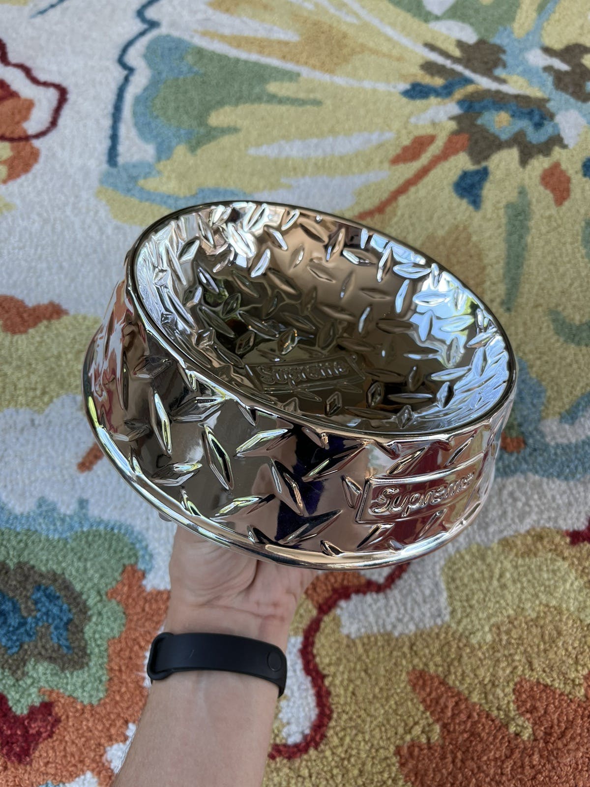 Supreme Diamond Plate Dog Bowl Silver
