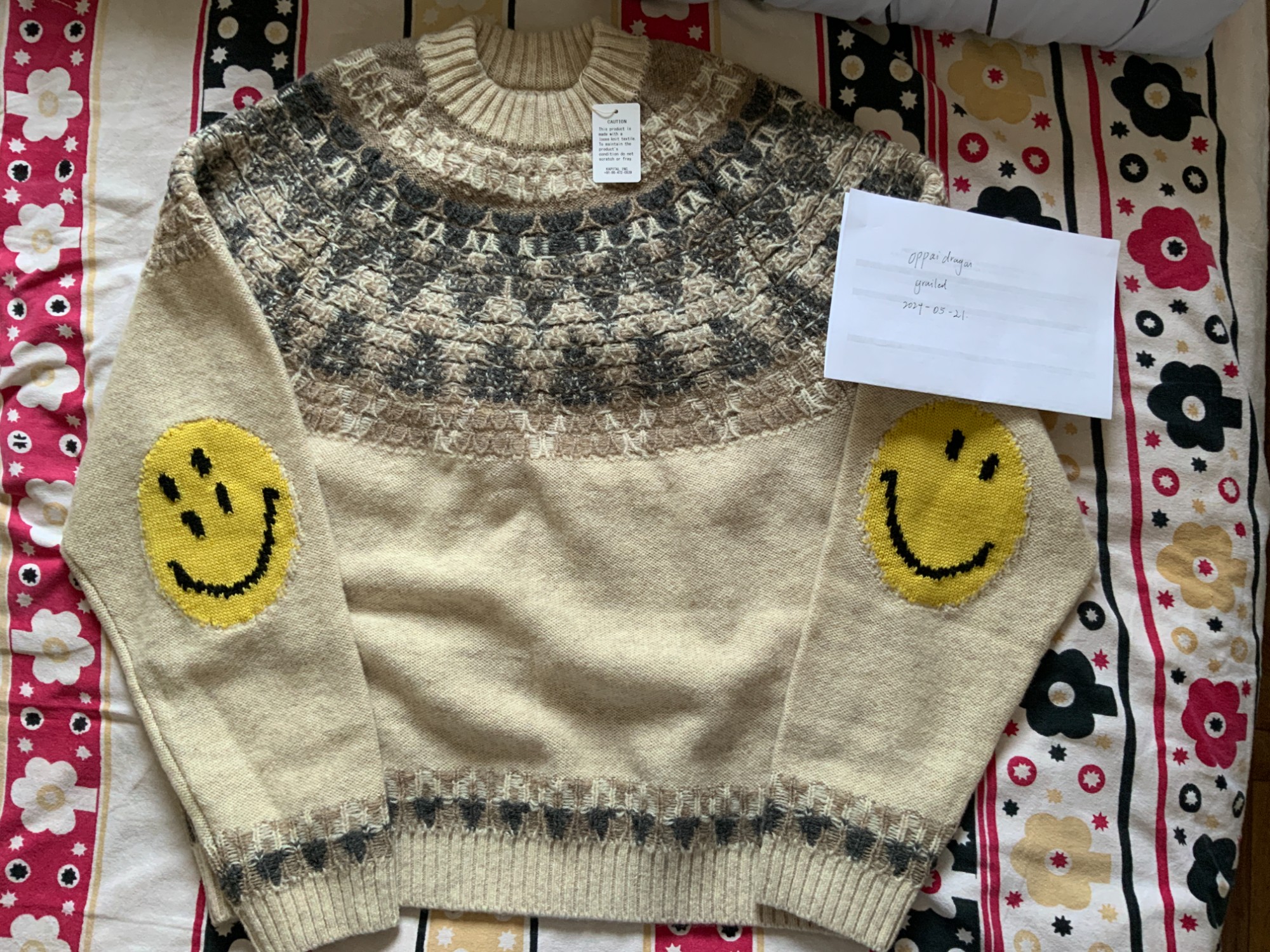 KAPITAL 5G Wool Nordic Smiley Knit Raglan Crewneck Sweater