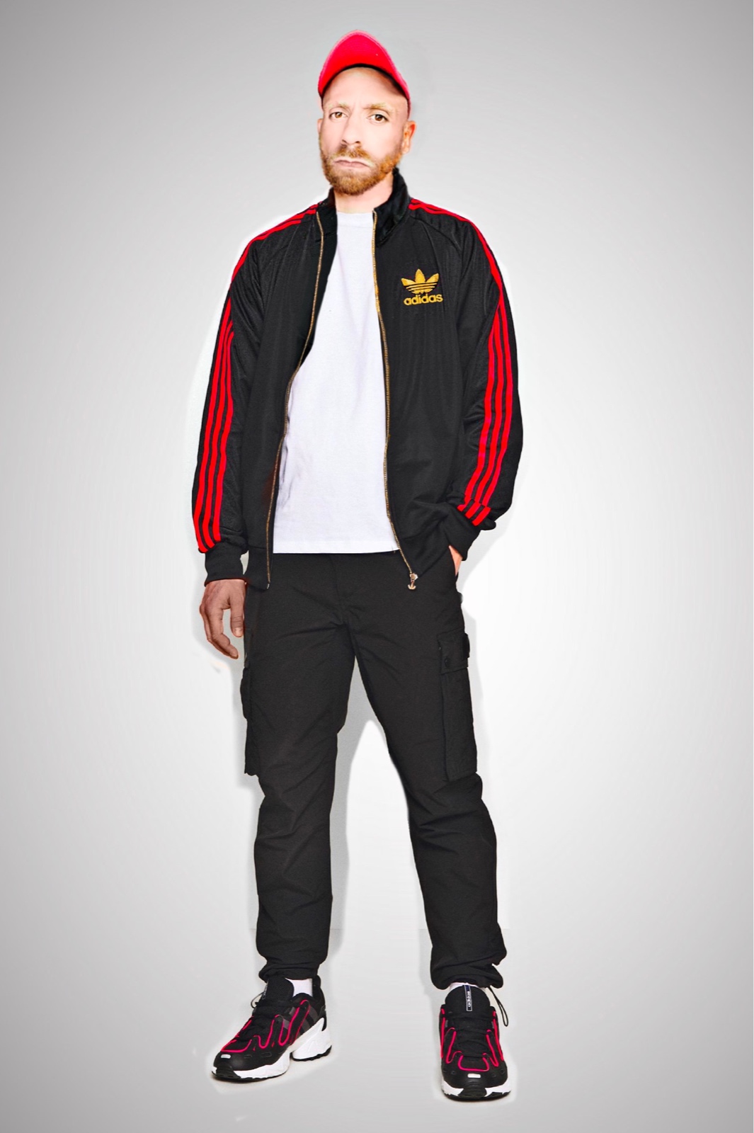 Adidas jacket black with gold stripe on sale