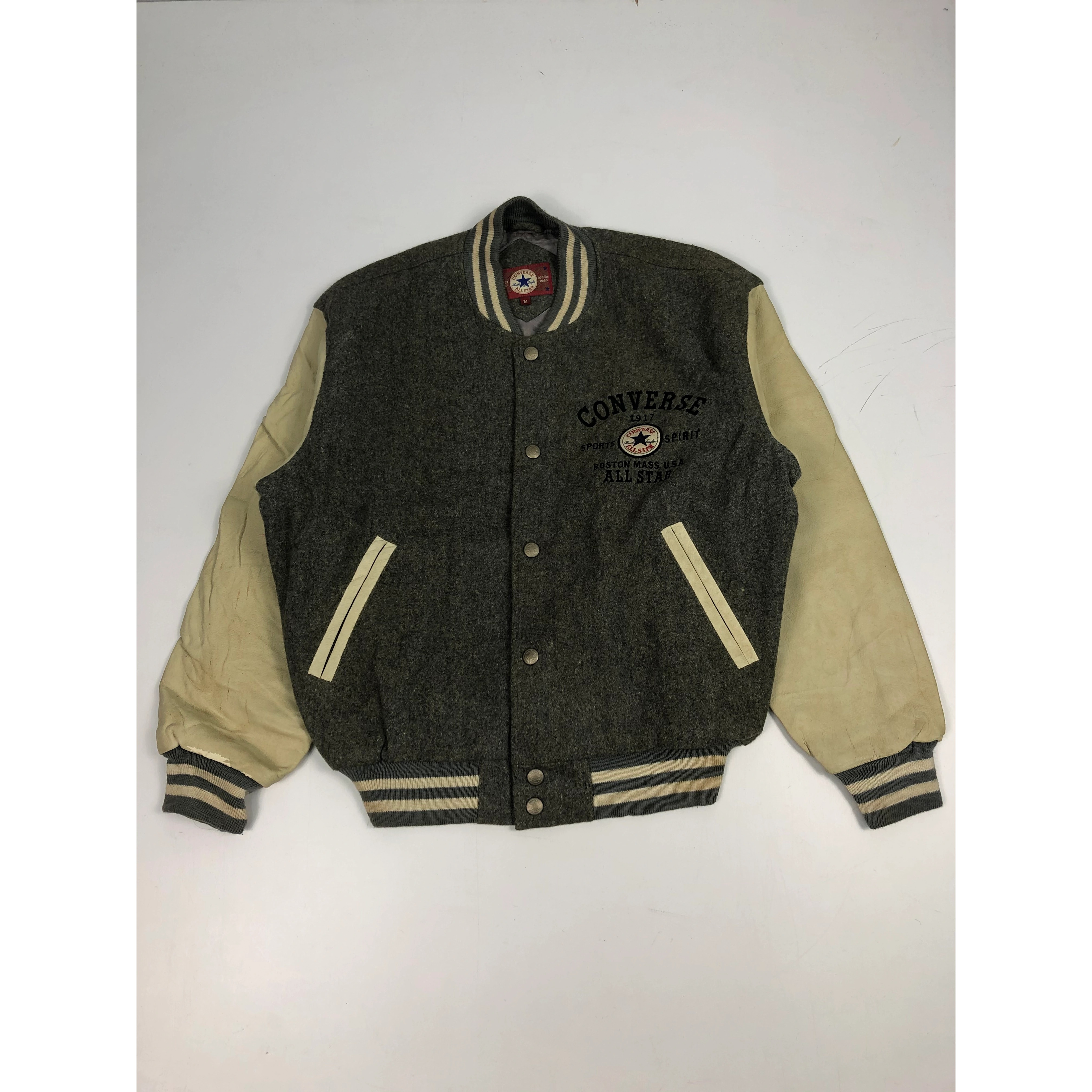 Converse Vintage 90s Converse Biglogo Varsity Leather Jacket Gray