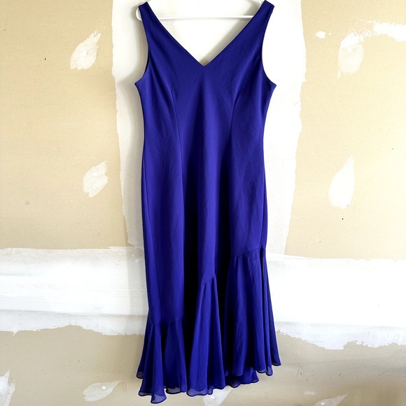 Evan Picone Asymmetrical Ruffle 2024 Hem Midi Dress V Neck Mermaid Royal Blue 14