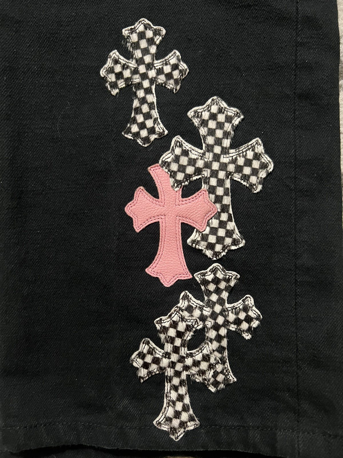 Chrome Hearts Pink checkered pony hair cross patch fleur knee