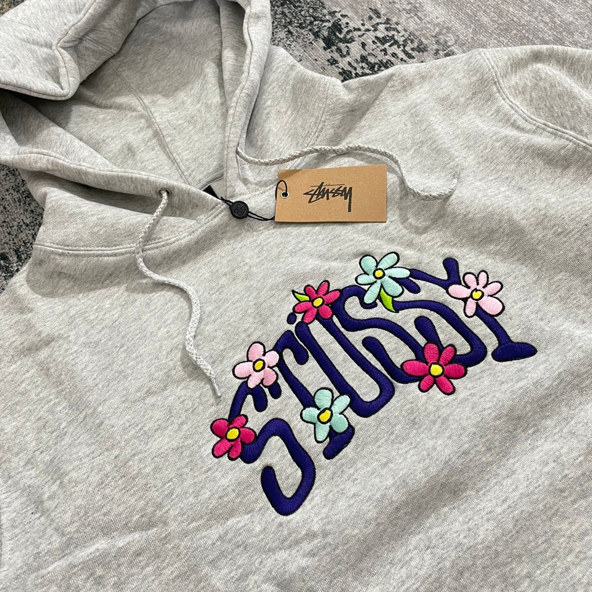 Floral Applique Stussy Flower Jumper Mohair Flower Sweater – Grey 