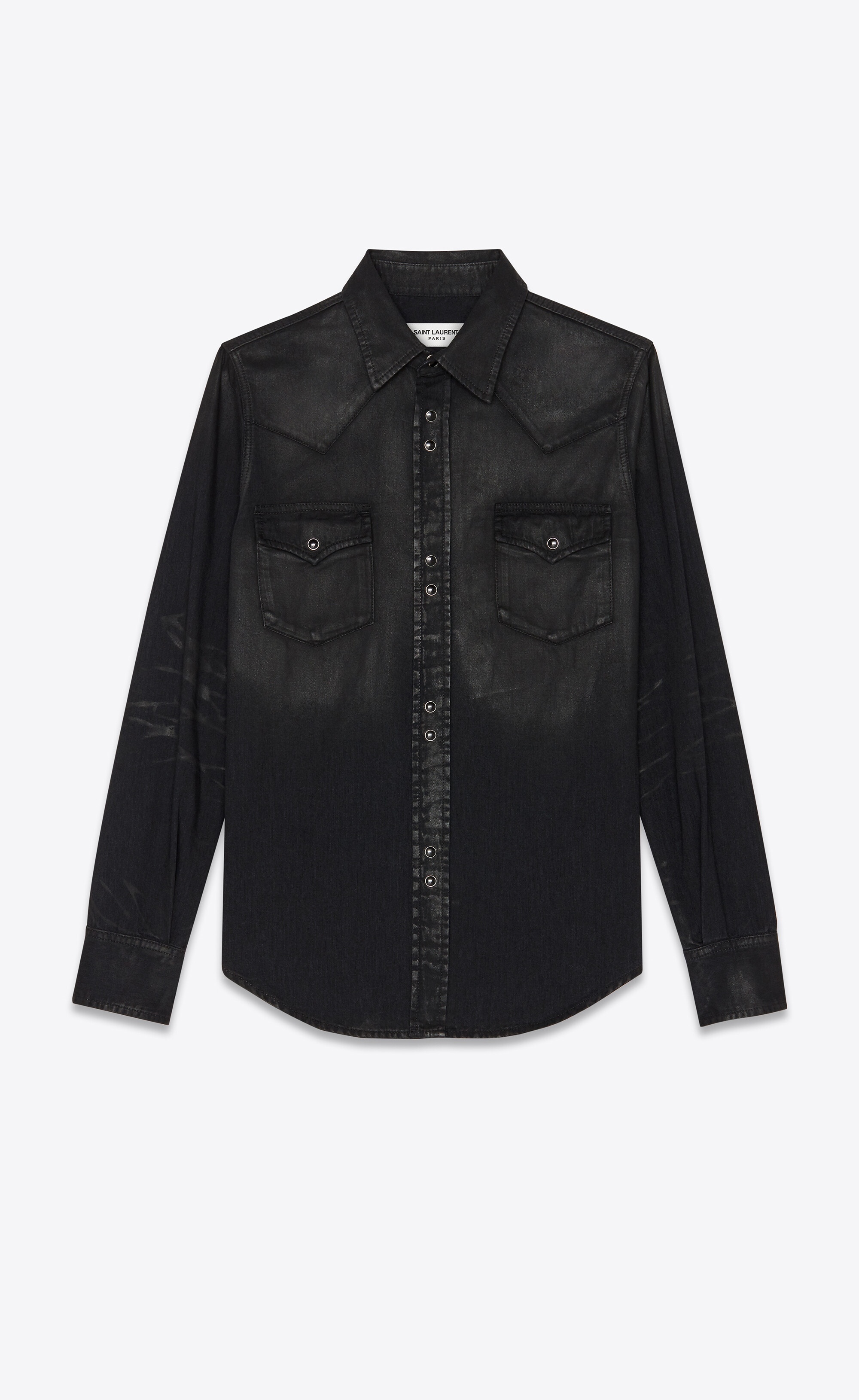 classic western shirt in lightly coated black denim - 1