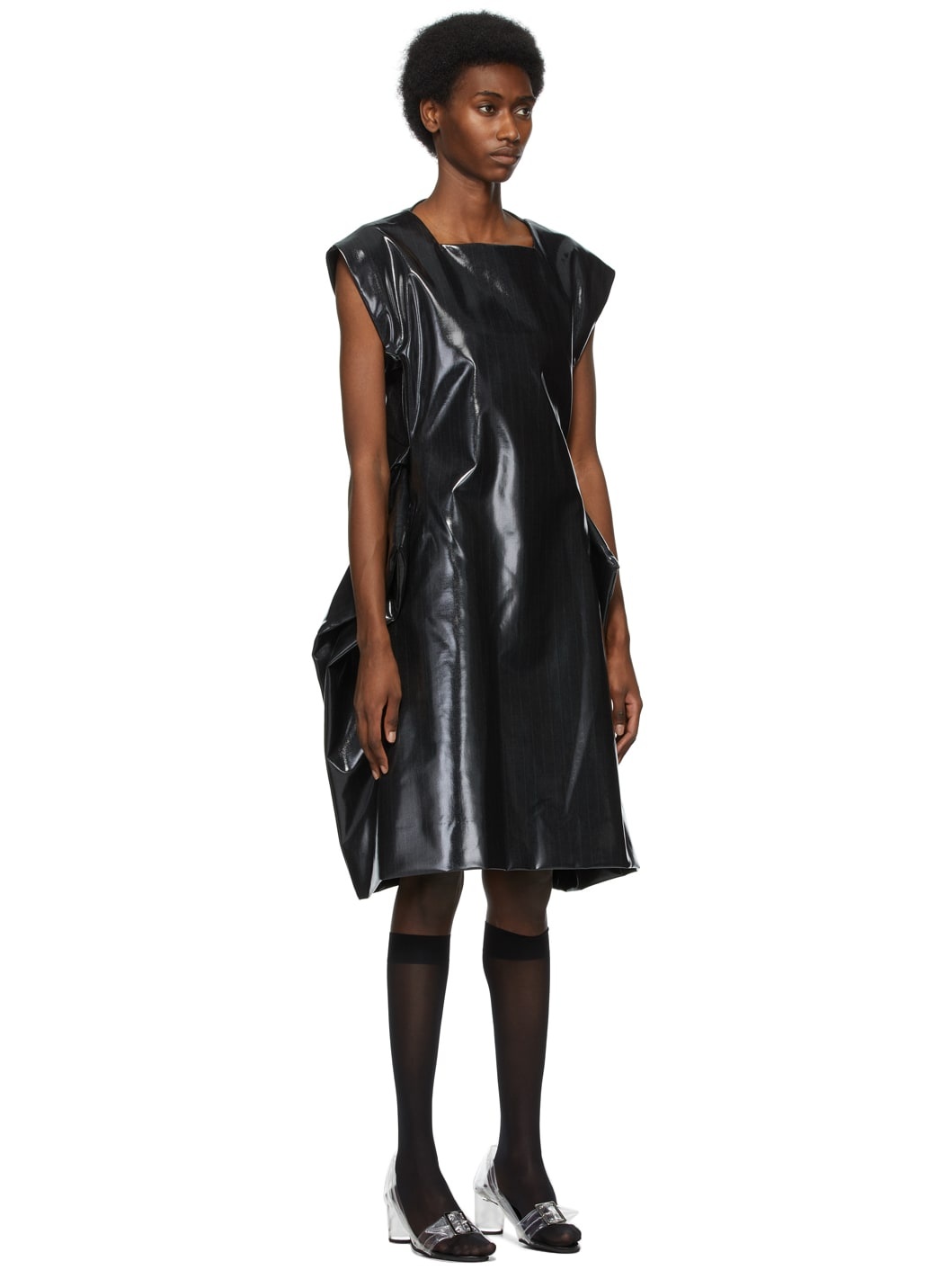 Black Gabardine Poly Laminated Dress - 3