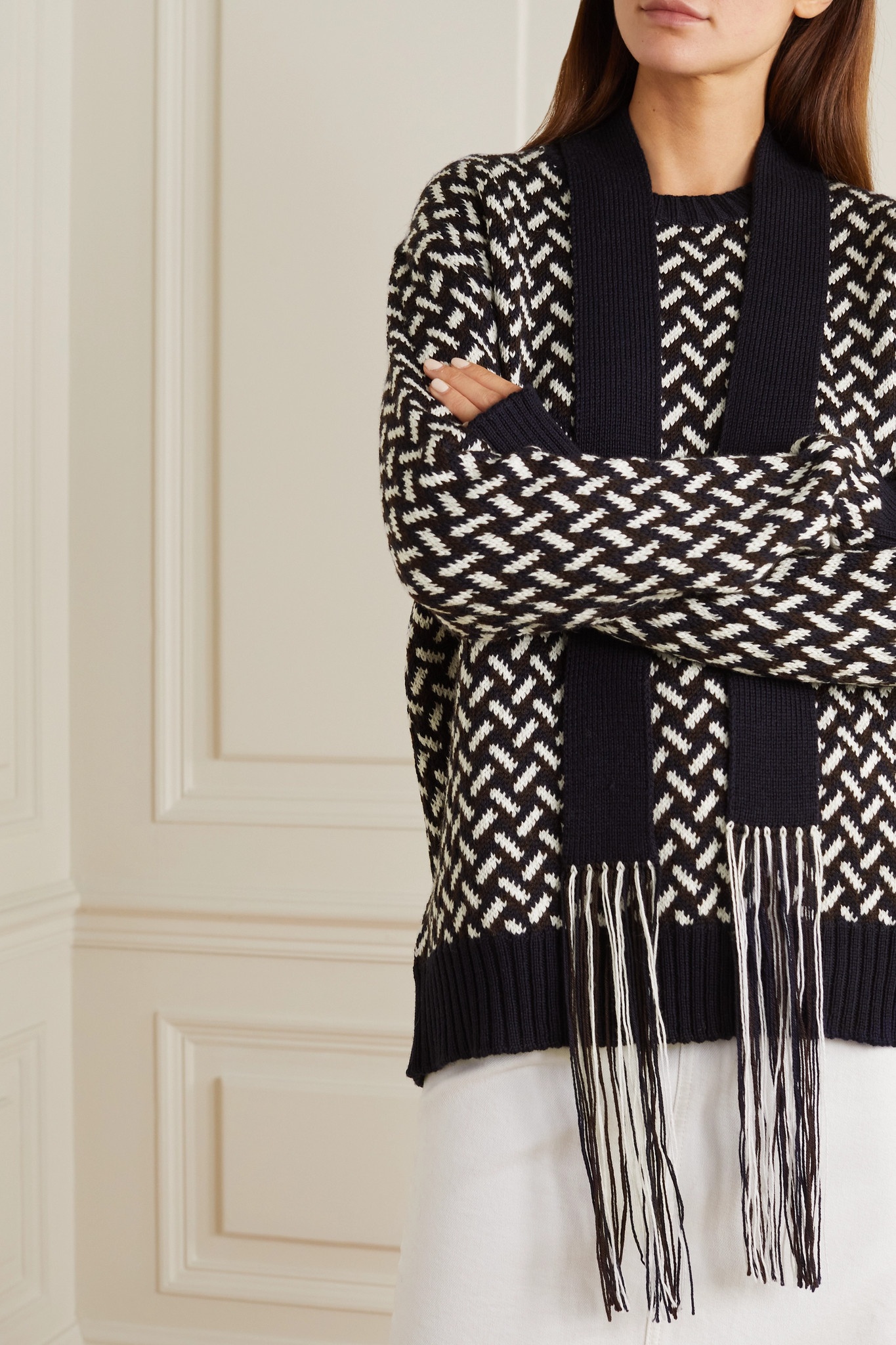 Fringed tie-neck intarsia wool sweater - 5