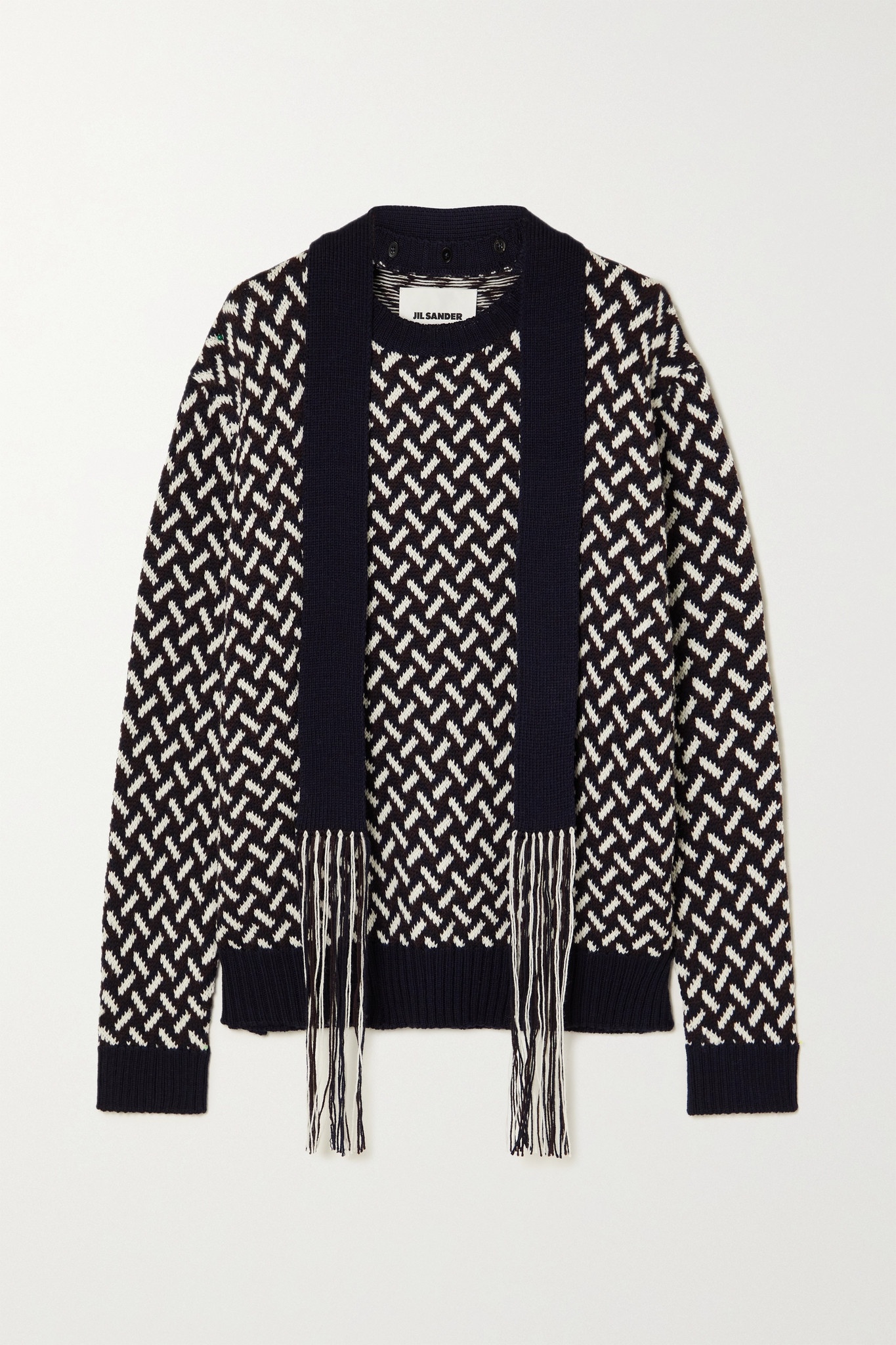 Fringed tie-neck intarsia wool sweater - 1