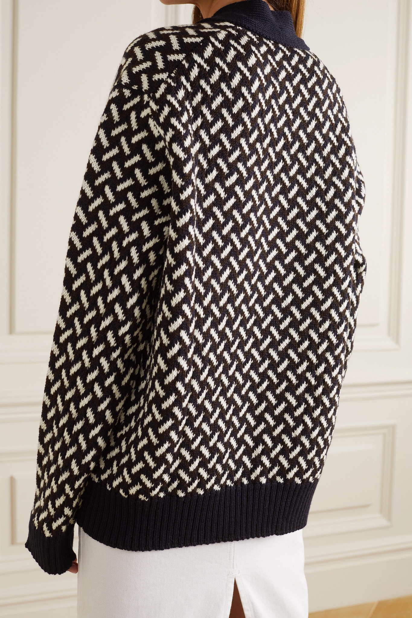 Fringed tie-neck intarsia wool sweater - 7