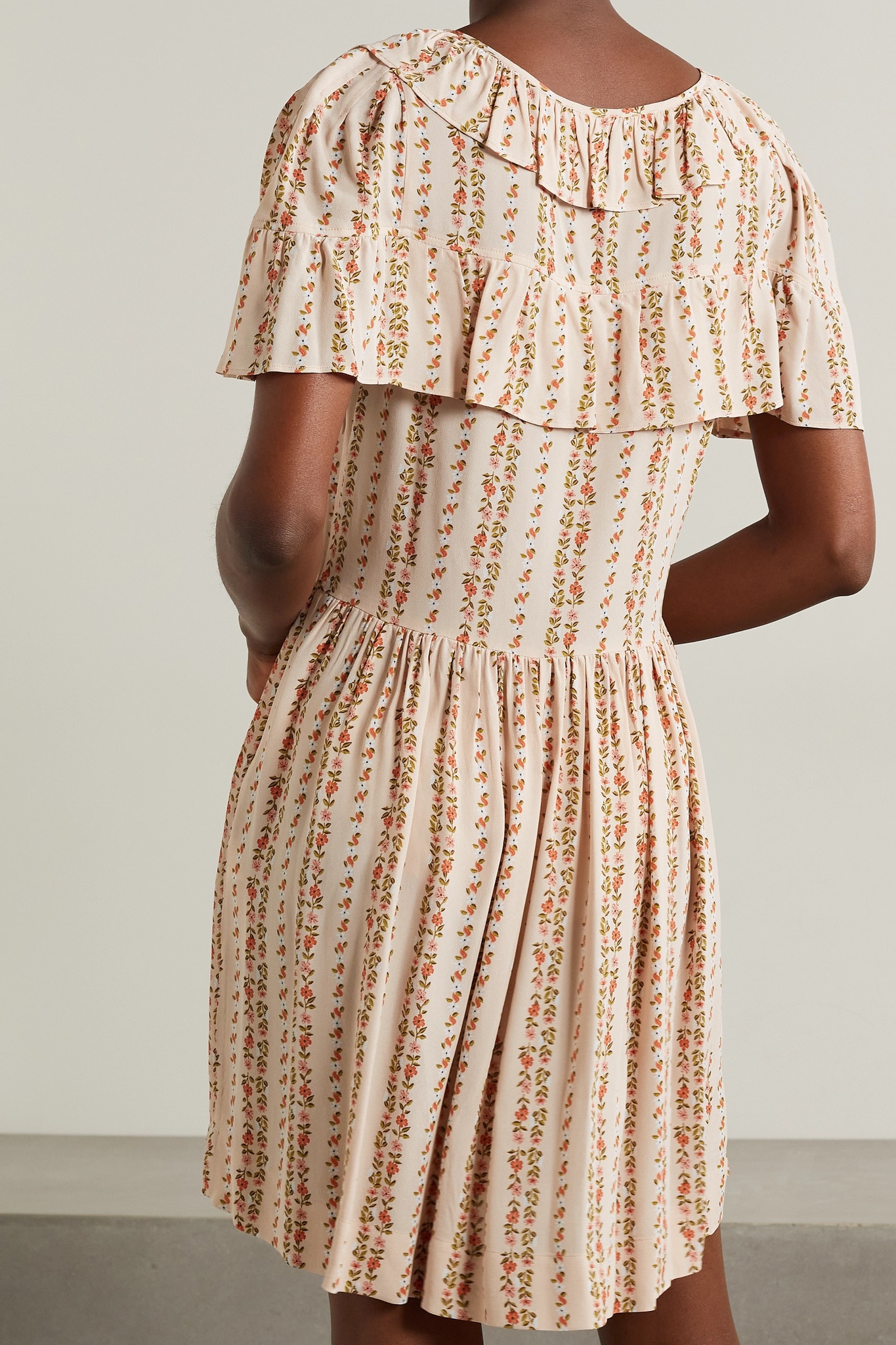 Ruffled floral-print crepe de chine mini dress - 5