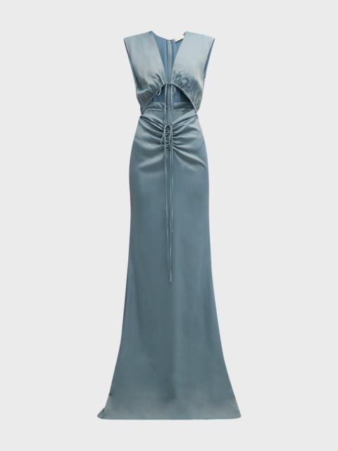 LAPOINTE Plunging Shirred Cutout Stretch Satin Sleeveless Maxi Dress