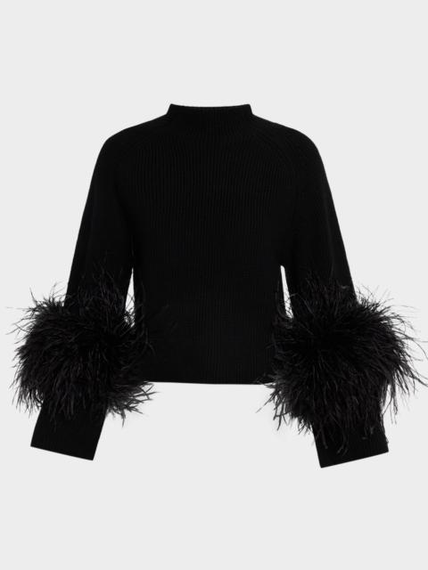 LAPOINTE Mock-Neck Merino Rib Sweater With Feathers