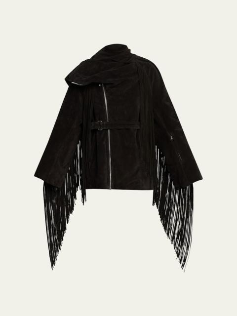 Rick Owens Scarf-Neck Fringe Suede Moto Jaket