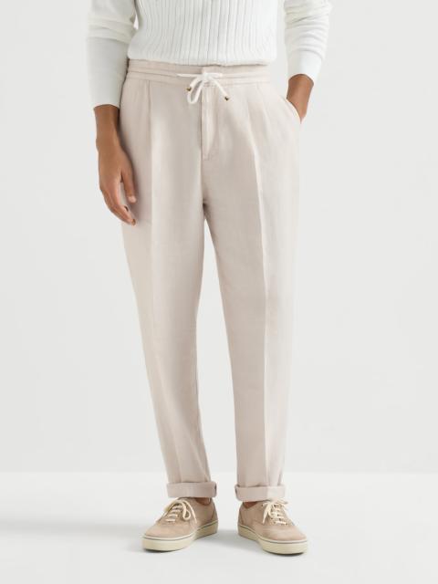 Brunello Cucinelli Garment-dyed trousers in linen gabardine with drawstring and double pleats