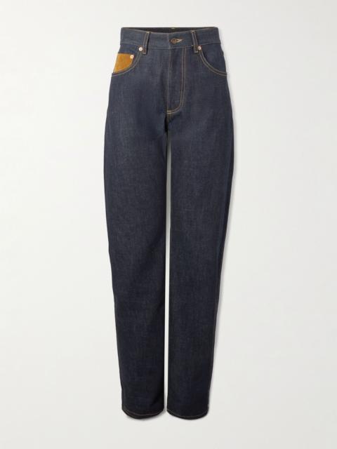 Bottega Veneta Intrecciato suede-trimmed high-rise straight-leg jeans Blue