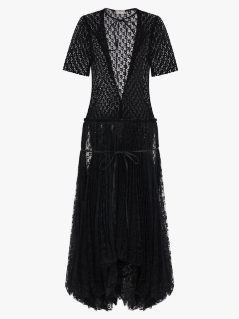 S/S MIXED LACE MIDI DRESS WITH ASYMMETRIC PLEATED SKIRT | BLACK